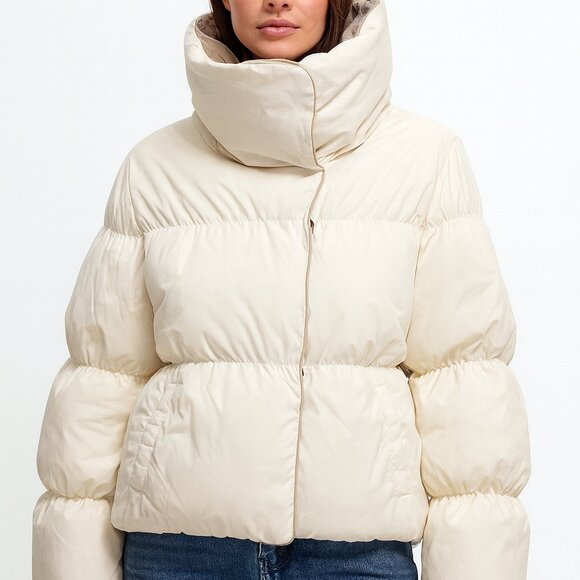 BCBGMAXAZRIA Womens (XXS) Two-Tone Cropped Puffer Jacket Beige Cream Bubble Coat - Picture 1 of 7